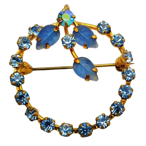 Vintage Blue Rhinestone Circle Brooch & Pendant Frosted Glass Leaves MCM 1960s - Picture 1 of 10